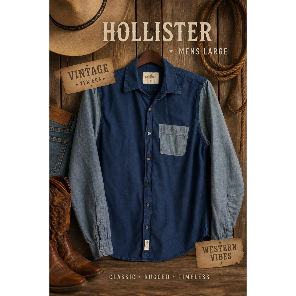 Hollister Colorblock Button Down Shirt Men's Blue Gray Y2K Western Sz L Rodeo